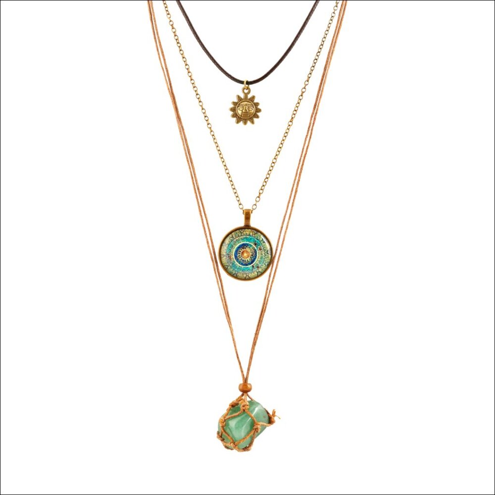 Bohemian Multi-Layer Necklace, Green Crystal Sun Pendant, Adjustable Length